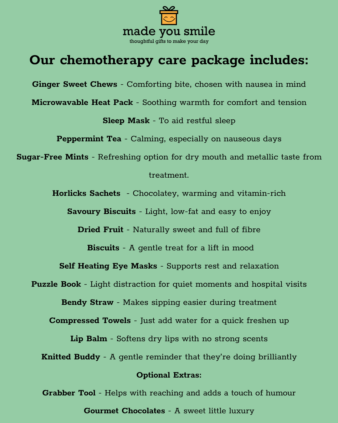 A green informational card outlining a chemotherapy care package from 'made you smile', listing various comfort and relief items such as mints, biscuits, eye masks, lip balm, and a puzzle book.
