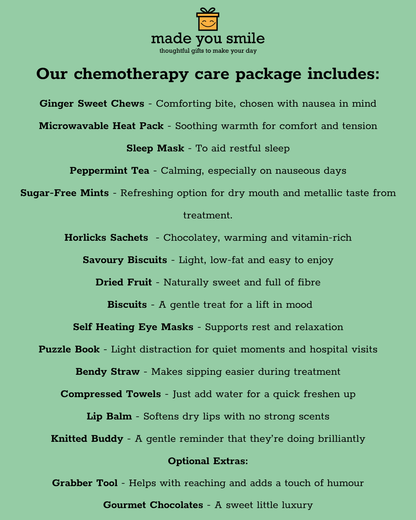 A green informational card outlining a chemotherapy care package from 'made you smile', listing various comfort and relief items such as mints, biscuits, eye masks, lip balm, and a puzzle book.