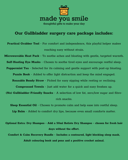 A green informational card with a black and yellow logo at the top reading 'made you smile' and a list of gallbladder surgery care package items, including a practical grabber tool, microwaveable heat pack, self-hating eye masks, peppermint tea, puzzle book, reusable bendy straw, compressed towels, sleep essential oil, lip balm, and an optional dry shampoo.
