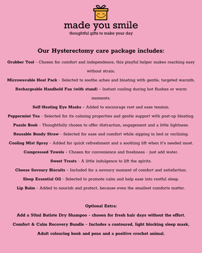 A pink informational card with the heading 'made you a smile' and a small gift box icon, followed by text outlining a hysterectomy care package with items such as a grabber tool, microwaveable heat pack, reusable hand fan, eye masks, peppermint tea, puzzle book, soothing spray, compressed towels, sweets, and sleep essentials.