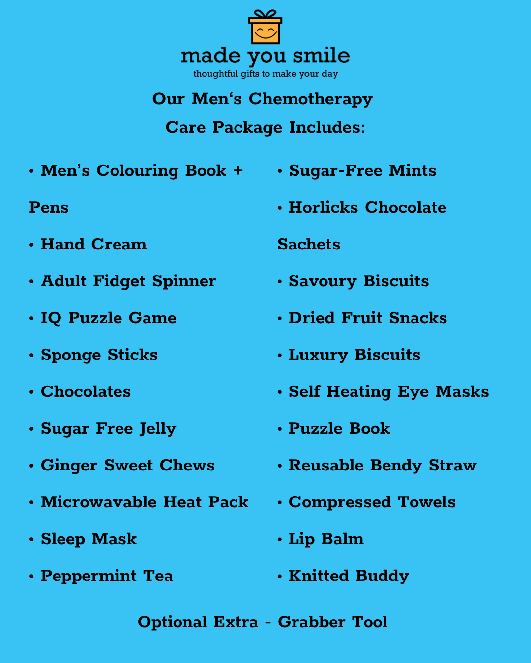 A blue informational graphic listing the contents of a men's chemotherapy care package, with text and multiple included items such as mints, chocolates, biscuits, masks, and a knitting buddy.