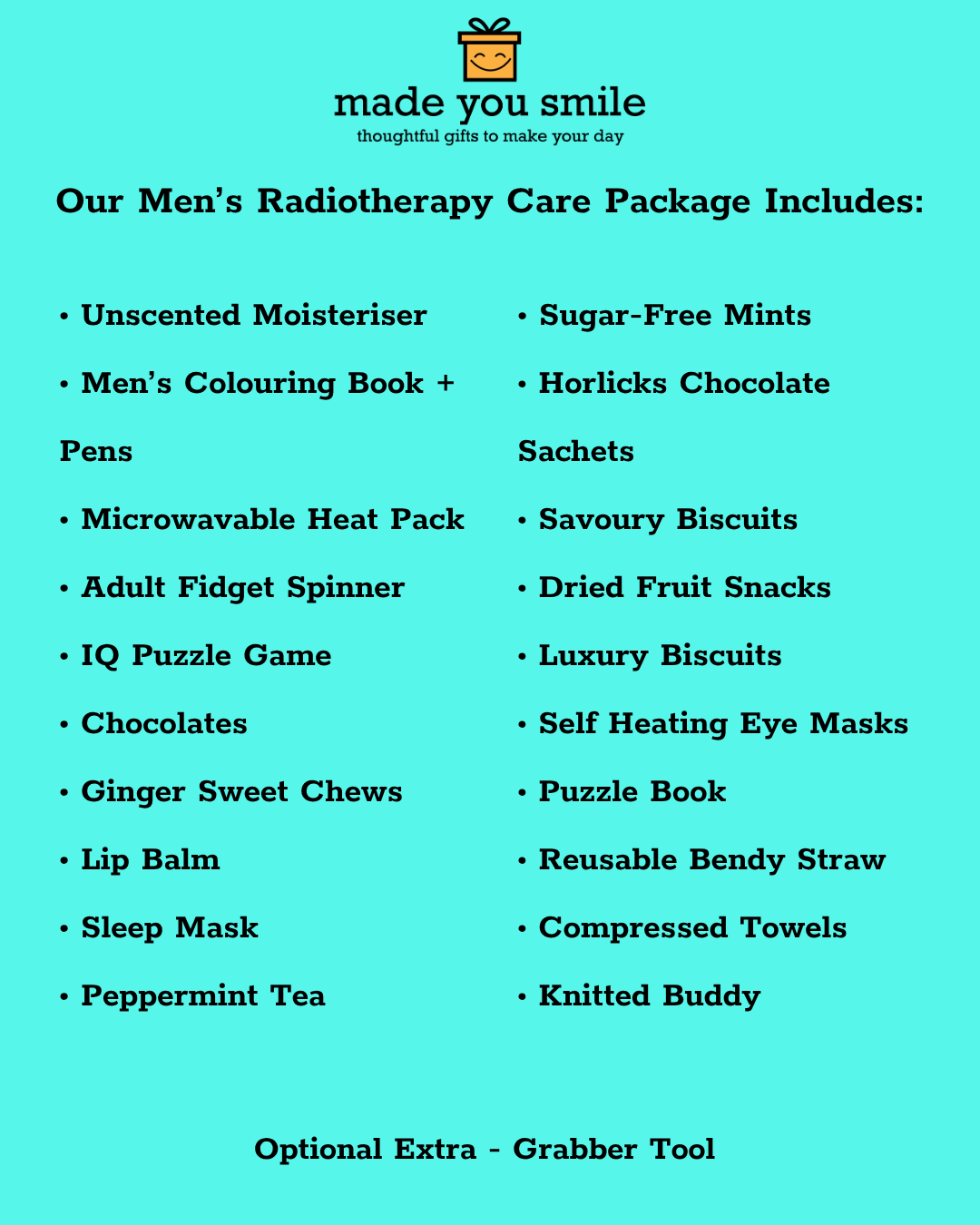 A turquoise digital flyer outlining the contents of a men's radiotherapy care package, including items like a moisturiser, colouring book, pens, heat pack, fidget spinner, mints, chocolates, biscuits, eye masks, and a grabber tool, under the brand name 'made you smile'.