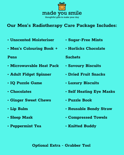 A turquoise digital flyer outlining the contents of a men's radiotherapy care package, including items like a moisturiser, colouring book, pens, heat pack, fidget spinner, mints, chocolates, biscuits, eye masks, and a grabber tool, under the brand name 'made you smile'.