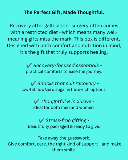 A turquoise promotional graphic with black text describing a gallbladder surgery recovery gift box. It lists benefits such as recovery-focused essentials, snacks suitable for recovery, thoughtful and inclusive packaging, and stress-free gifting, with checkmarks next to each point.