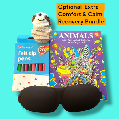 A comfort and calm recovery bundle featuring a black eye mask, a box of Signature felt tip pens, an 'Animals' coloring book, and a small plush hedgehog toy, arranged on a bright turquoise background with an orange text label.
