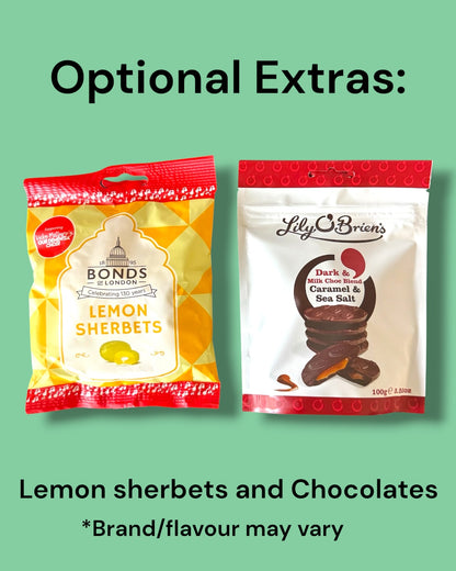 Two packaged dessert products on a light green background with text reading 'Optional Extras:' and 'Lemon sherbets and Chocolates *Brand/flavour may vary.' The left package is Bonds Lemon Sherbets in a yellow-and-red bag, and the right package is Lily of Britain Dark Caramel & Sea Salt Chocolates in a white-and-red bag.