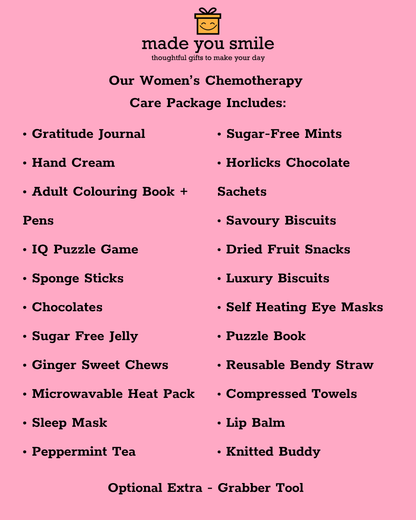 A pink informational graphic listing the contents of a women's chemotherapy care package, with black text on a solid pink background and the heading 'made you smile'.